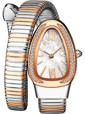 Women's Rose Silver White Elegant Wrap Around Bangle Fashion Snake Cuff Watches